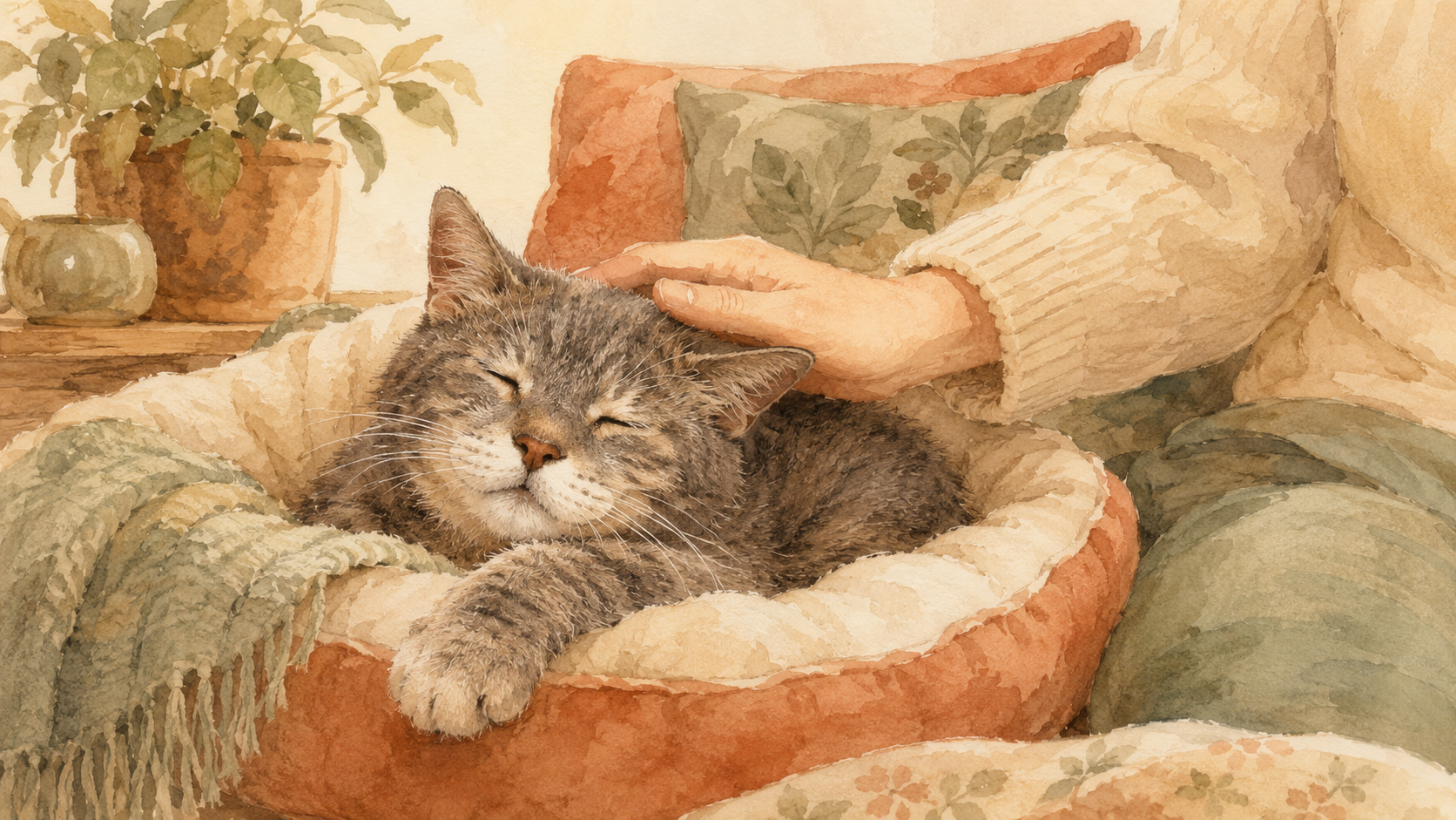 やわらかいベッドで、飼い主にそっと撫でられて安心して眠るシニア猫の水彩イラスト