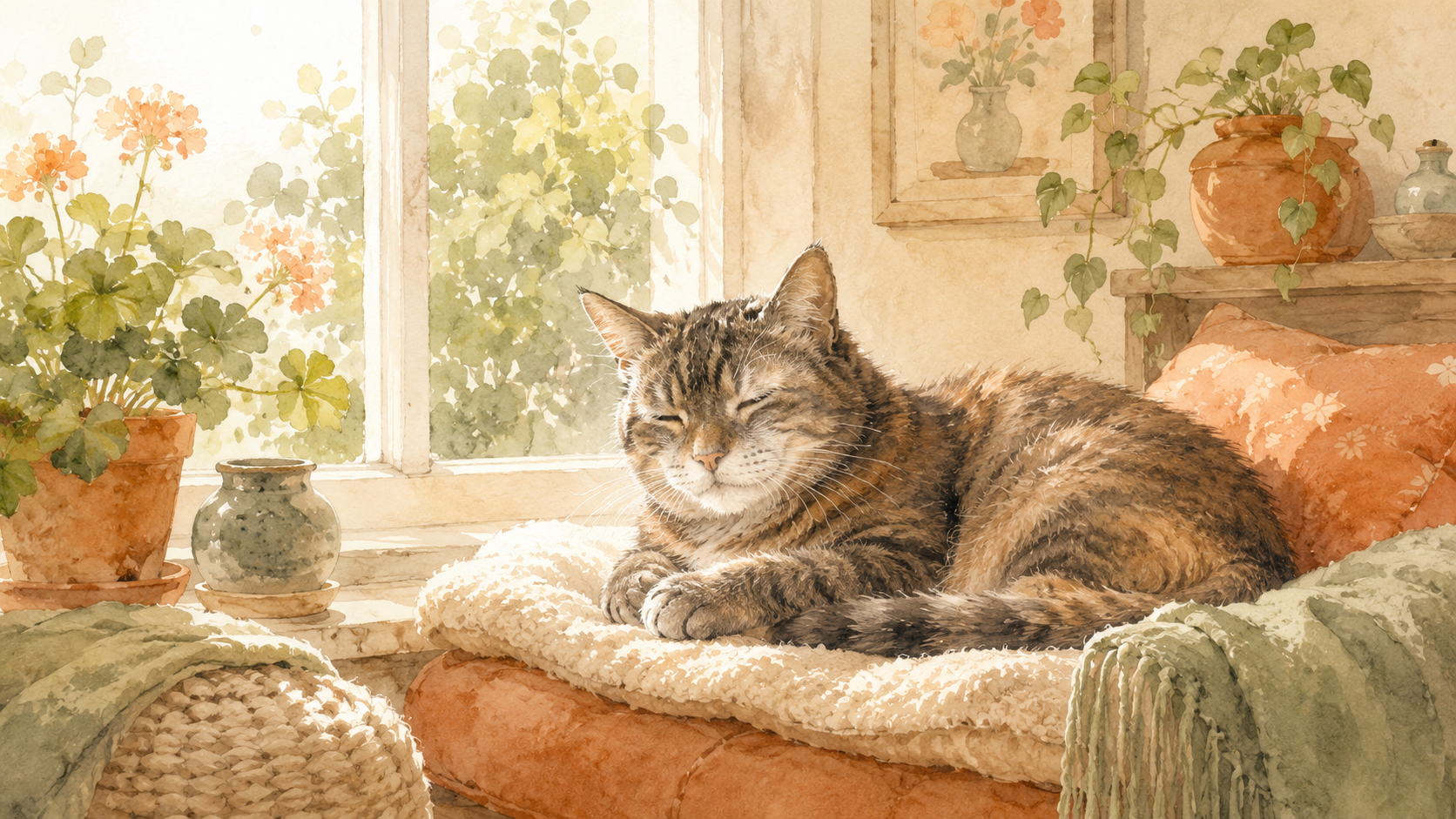 窓辺の日なたで、おだやかに過ごす口元の白くなったシニア猫の水彩イラスト