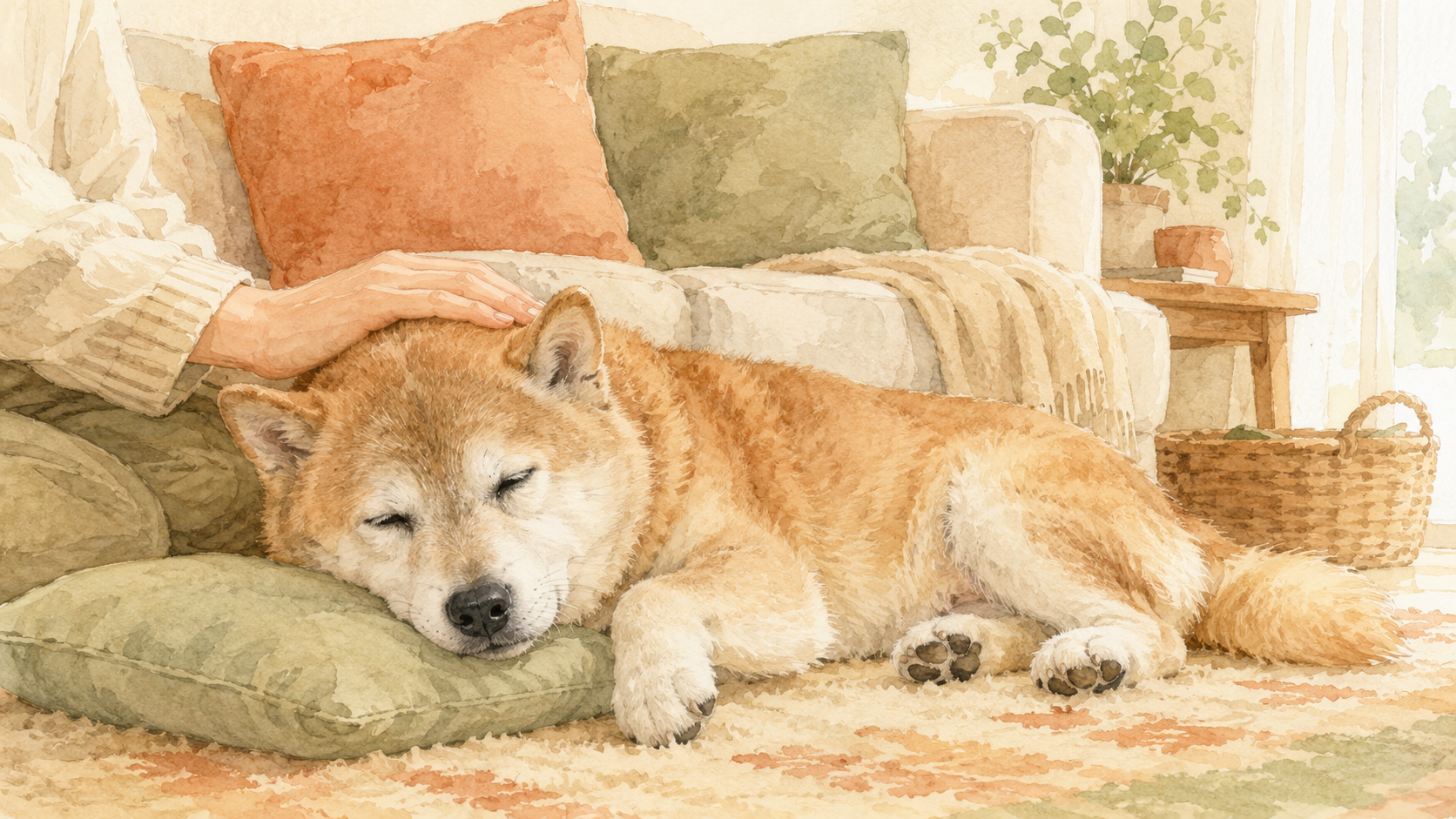 ソファでくつろぐ高齢の犬に、飼い主がそっと手を添えている水彩風のイラスト